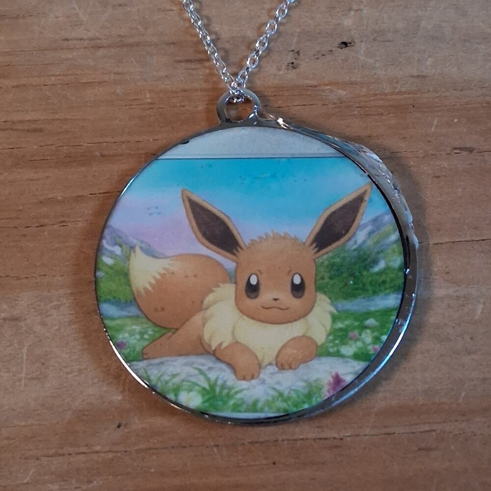 Handmade Evee Necklace Silver Chain Round Resin Card Jewelry 10 In